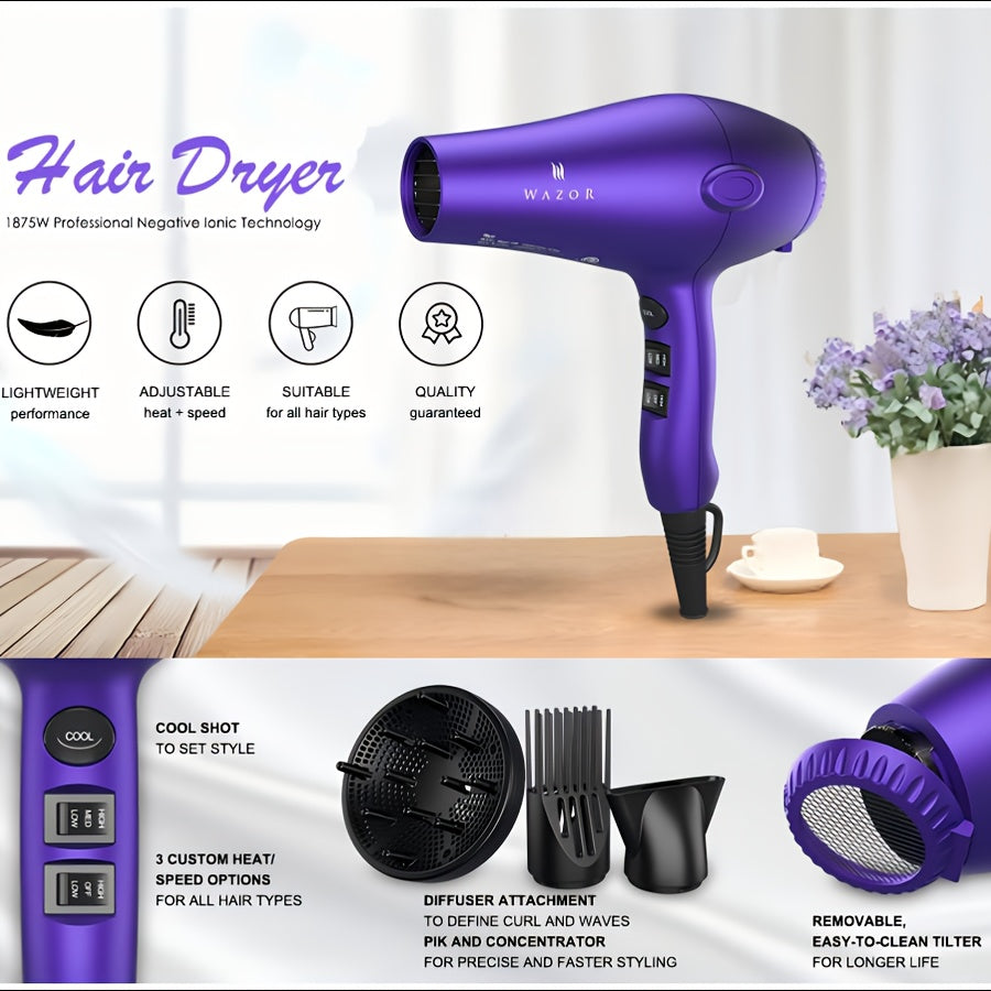 3Rd Generation Lightweight Low Noise Hair Dryer, 1875W Ceramic Negative Ionic Blow Dryer And 2-Speed 3-Heat Settings Cool Shot with Diffuser Concentrator Comb, Hair Dryers for Women, for Women Gifts, Best Gifts (Purple)