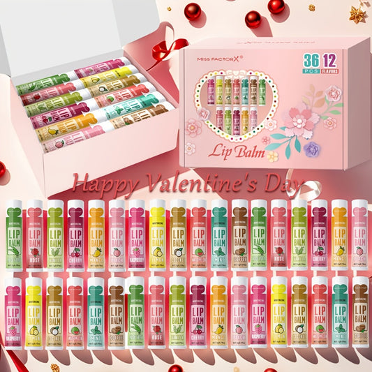 Set of 36 MISS FACTORX Lip Balms, Suitable for Adults, Featuring Natural Moisturizing Lip Butters Infused with Jojoba Oil, Available in 12 Different Flavors for Every Skin Type, Providing Enduring Hydration And Shine