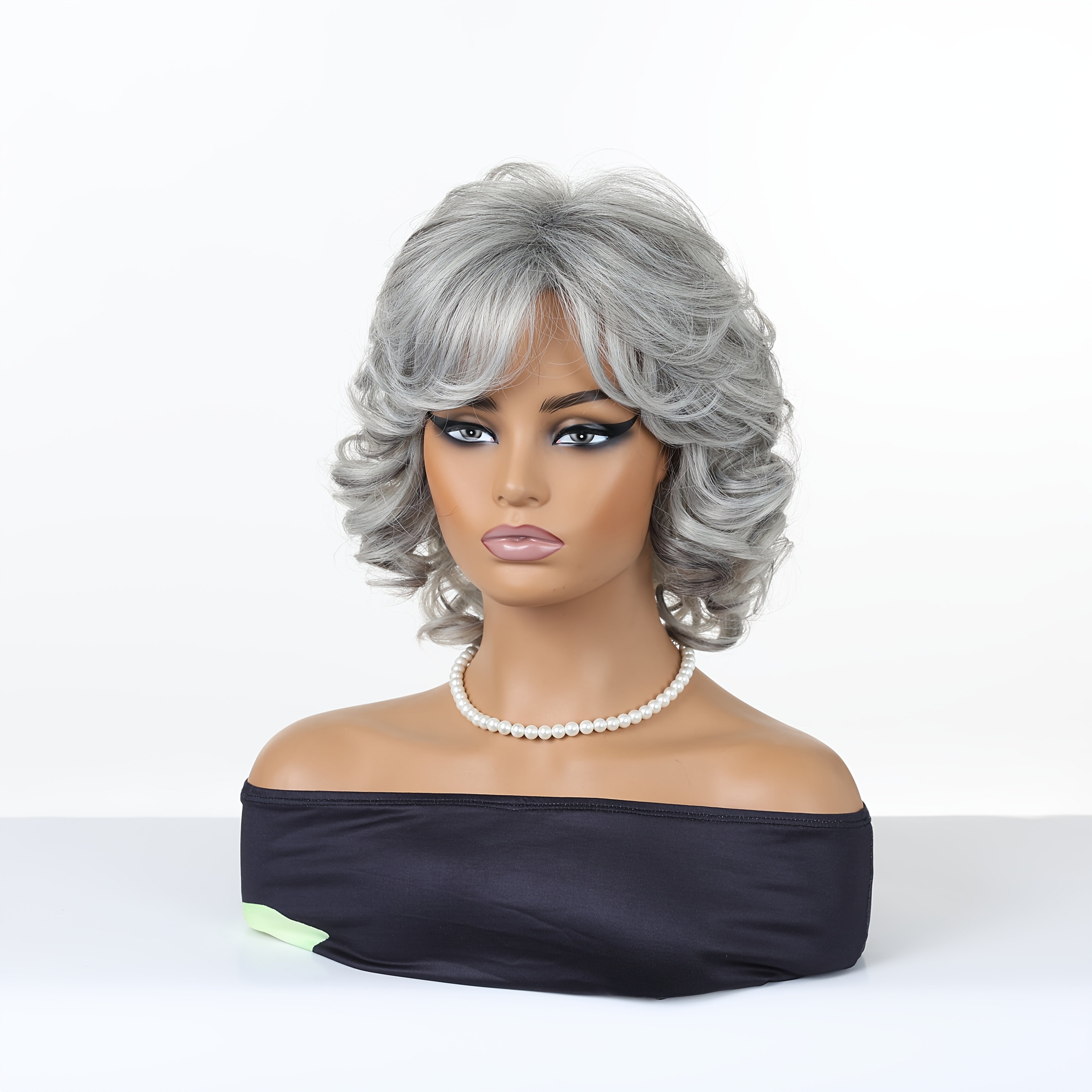 12-inch Women's Elegant Gray Bangs Curly Wig, Synthetic Fiber Wig with Rose Hair Net And High-Temperature Fibers Perfect for Cosplay, Parties, Halloween, Celebrations, And Casual Attire, Versatile for Any Occasion