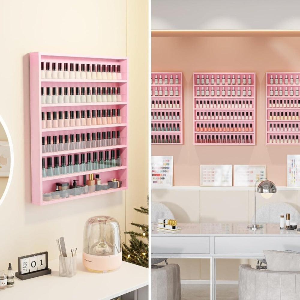 6 Layers/ 10 Layers Nail Polish Rack, Wall Mount Nail Polish Organizer W/ Acrylic Baffle, Salon Display Rack for Home Spa And Nail Studio, Pink/ White/ Black