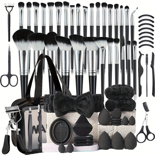 68PCS Makeup Tool Set 30 Black Brushes & 17 Eyelash Tools - Wash Bowl Brush Cleaner with Makeup Bag - Portable Travel Salon Kit for All Makeup Needs Women Daily Professional Use