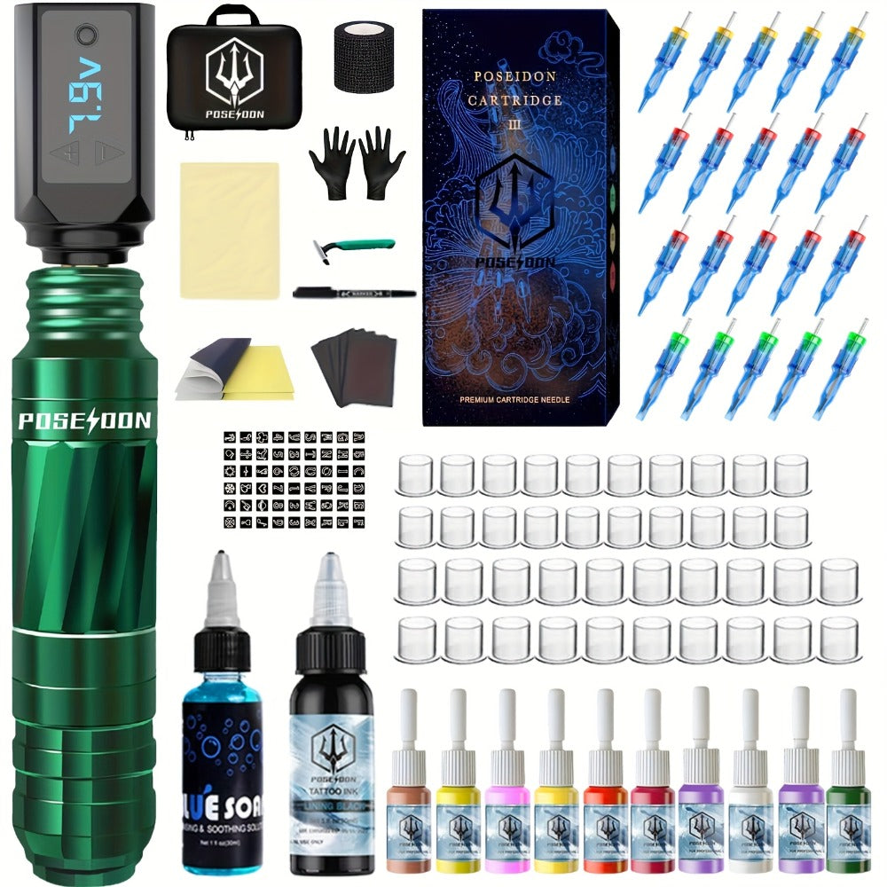 POSEIDON Tattoo Pen Kit-Tattoo Pen with 20pcs Tattoo Cartridge Needles, Tattoo Machine Kit with Wireless Tattoo Power Supply And Professional Tattoo Supplies, Tattoo Gun Kit for Beginners