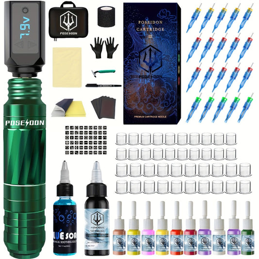 Tattoo Pen Kit Complete Set — Wireless Power Supply, 20pcs Cartridge Needles, Inks, Practice Skin & Professional Tattoo Supplies for Beginners and Artists