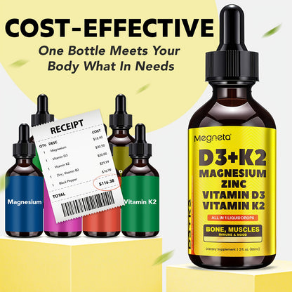 Vitamin D3 Liquid 10000 IU K2 MK-7 120mcg with Magnesium Zinc Vitamin B2 Sugar-Free Drops for Calcium Absorption Mood Immune Health 2 fl oz 30-Day Supply