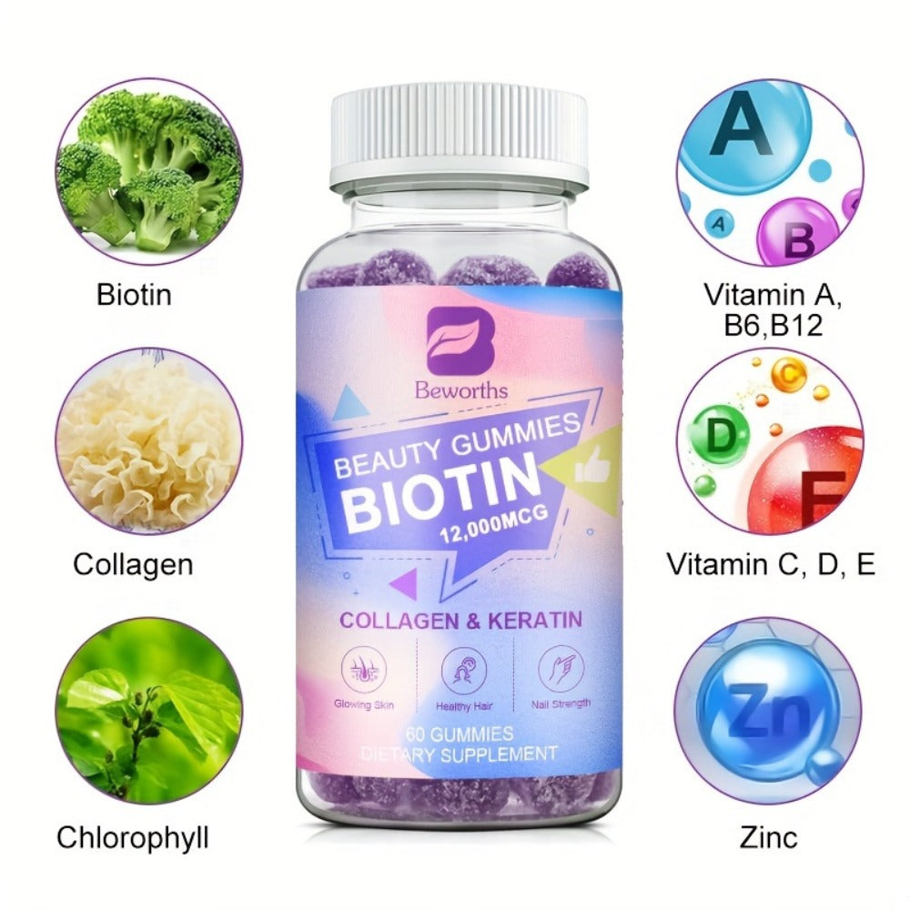 BEWORTHS Biotin Gummies 12000mcg with Biotin, Collagen, Keratin, Chlorophyll, Zinc And Vitamin A, B6, B12, C, D, E Complex Supports Hair Skin And Nails for Women & Men