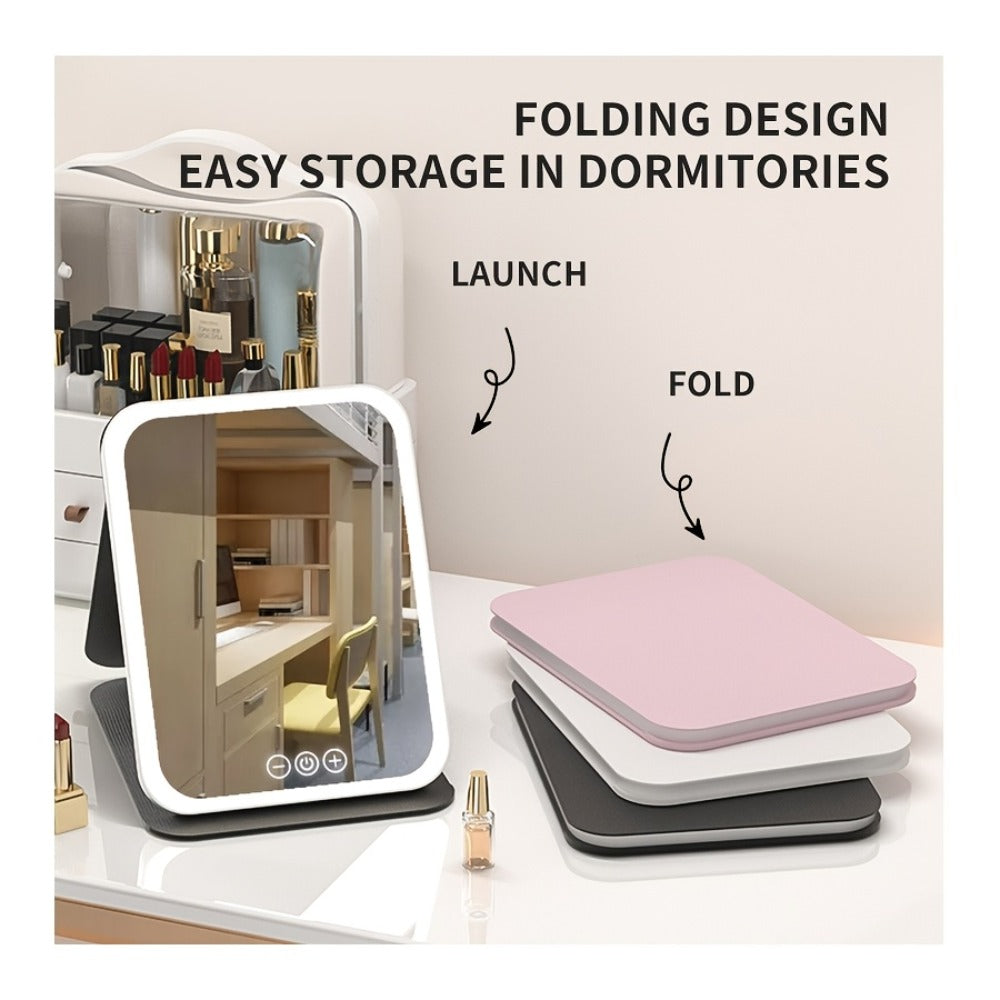 LED Makeup Mirror Folding with Touch Screen - USB Rechargeable Portable Vanity Mirror, Tri-Color Dimmable Lighting, Travel Desk Tabletop Use, Square or Round, Pink or White