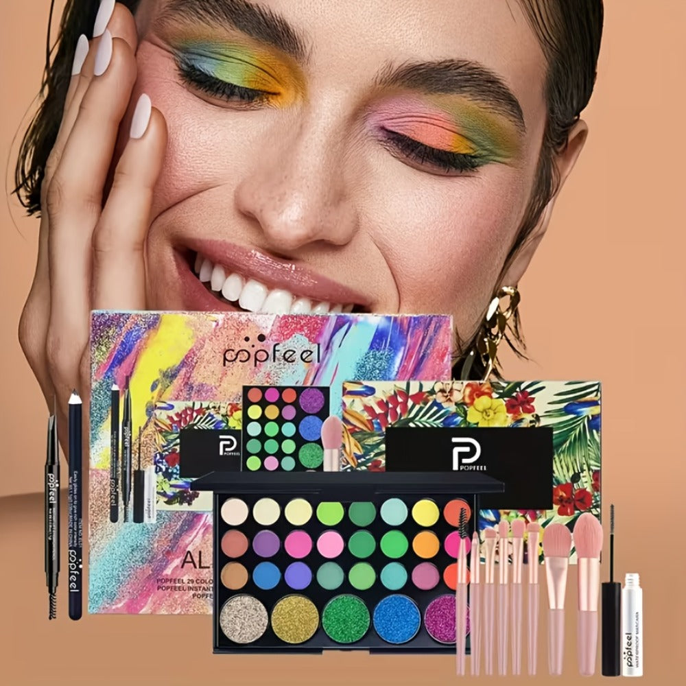 Makeup Kit Full Face POPFEEL All-in-One Eyeshadow Palette Blush Foundation Mascara Brush Set Berry Neutral Shades Gift Set for Women Beginners