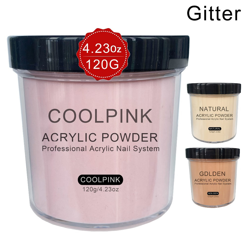 A Kit for Acrylic Nail Powder Featuring 4 Ounces of Glitter in Cool Pink, Golden, And Natural Tones, Suitable for Extensions, Sculpting, And 3D Designs. It Is Free of Formaldehyde, Does Not Require a Lamp, And Comes in a Durable Container Or Box