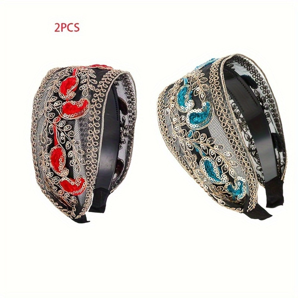 2pcs Elegant Lace Embroidered Sequin Flower Headbands - Wide, Non-Slip Hair Hoops for Women | Perfect for Spring & Summer | Chic Retro Style | Ideal Gift