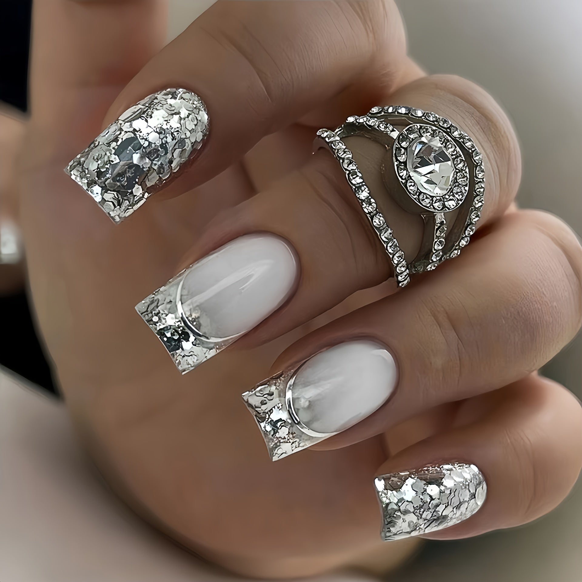 216pcs (9 Boxes) Short Square Summer White French Style Simple Gradient Glitter Heart Soft Gel Press-On Nails Full Cover Fake Nail Set for Women & S