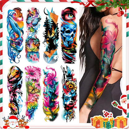 Temporary Tattoos Full Arm 46 Sheets | Waterproof Long-Lasting Body Art Stickers for Men & Women | Colorful Floral Geometric Portrait Ink Painting Style | Realistic Festive Tattoo Design Set