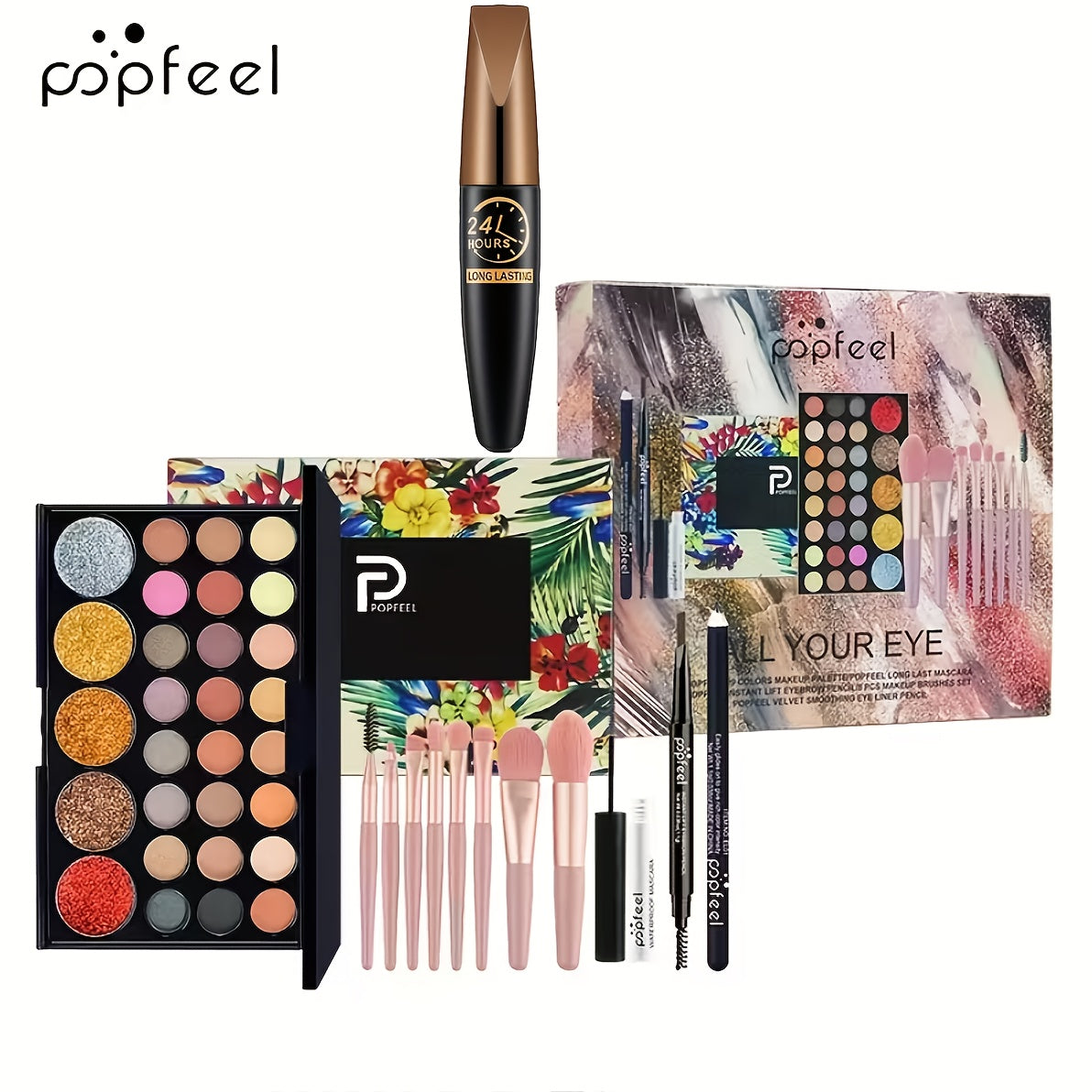 Makeup Kit Full Face POPFEEL All-in-One Eyeshadow Palette Blush Foundation Mascara Brush Set Berry Neutral Shades Gift Set for Women Beginners