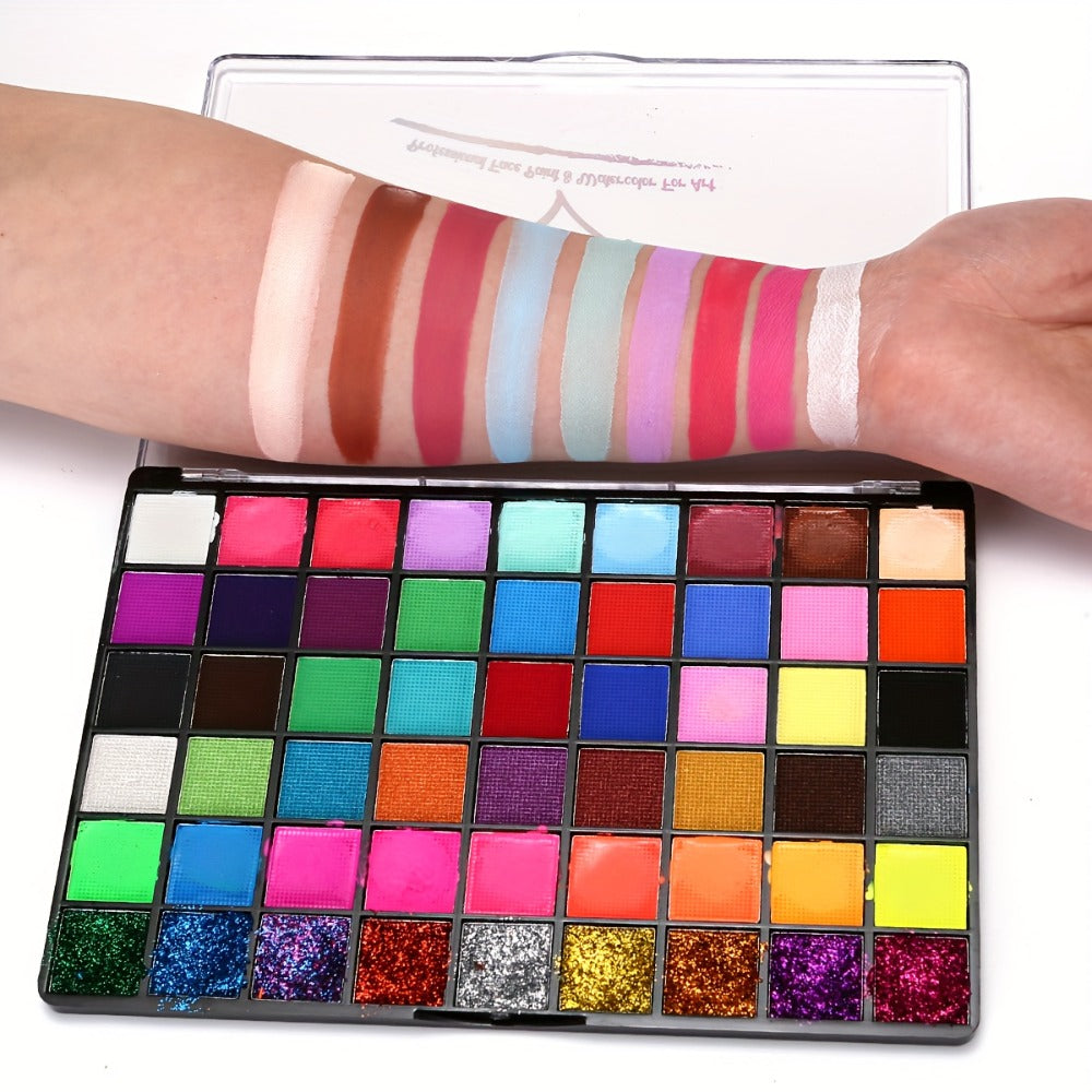 Face Body Paint Set 54 Colors — Matte, UV Fluorescent & Glitter Palette with Pattern Templates, Brushes & Tattoo Stickers for Sports, Cheerleading, Festivals & Parties