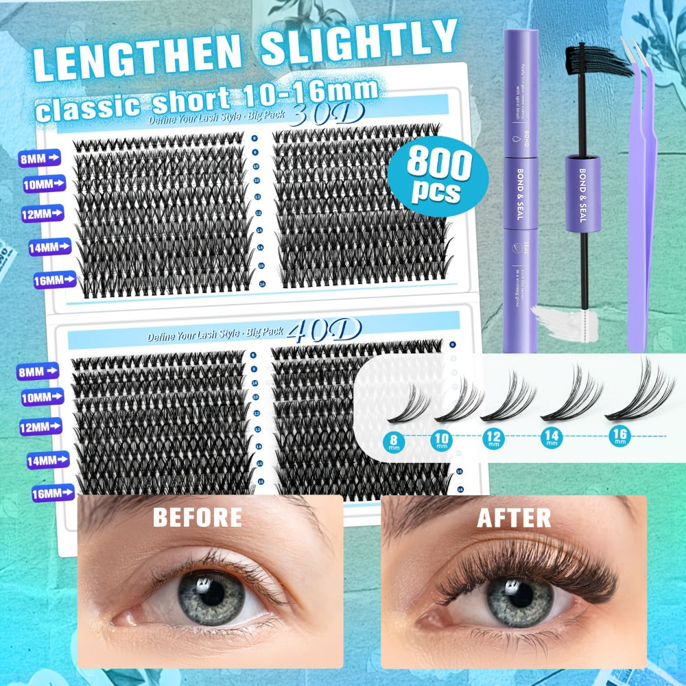 Glue/800pcs Wispy Lash Clusters Set 30D 40D Mixed Length 8-16Mm, Eyelash Extension Kit with 2-In-1 Bond & Seal Glue And Lash Tweezers, Long-Lasting Natural Fluffy Packaging Random Lashes for Everyday Wear, Travel & Events