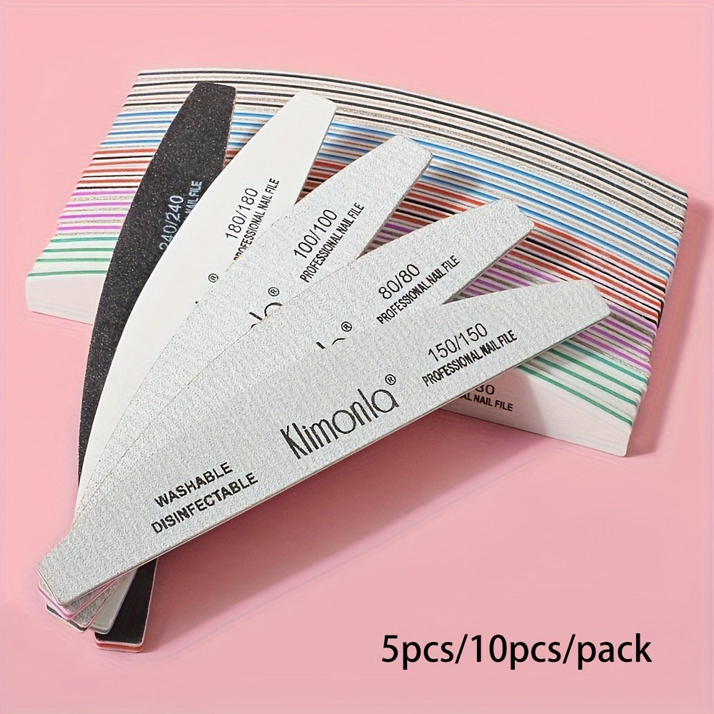 High-Quality Nail Filing And Shaping Tools, Including Gray Sanding Strips And Half-Moon Files, Available in Packs of 5 Or 10, Complete with an OPP Bag.