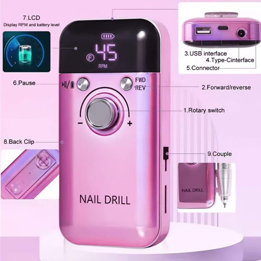 Professional E- for nail Drill 45000 RPM Rechargeable Electric for nail File Kit Portable&Low Noise for nail Drill Manicure Pedicure Tools Polishing Set With for nail Drill Bits Sanding Bands For Nail Salon&Perfect Holiday Gifts For Women