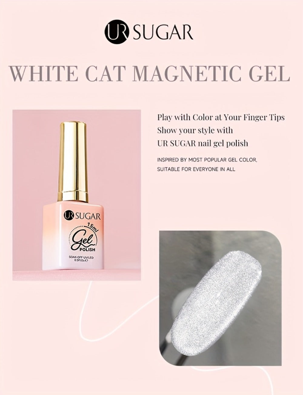 UR SUGAR 2pcs/Set 0.51oz Shine White Cat Magnetic Gel Nail Polish on Any Color Gel Sparkling Glitter Semi Permanent Soak Off Gel with Magnetic Stick