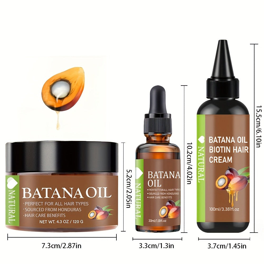 Batana Hair Oil 3-Piece Set — Pure Honduran Cold-Pressed Extract with Biotin, Nourishes Scalp & Hair, Strengthens Strands, Prevents Breakage & Split Ends, Adds Shine, All Hair Types