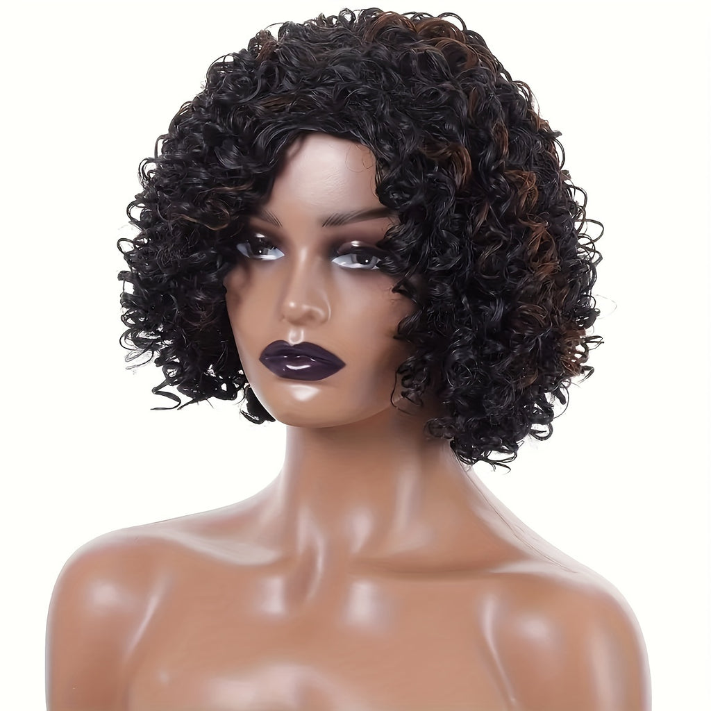 Short Curly Hair Wig - 12 Inch Brown Black Mix, Heat Resistant Synthetic Fiber, Women's Hair Replacement
