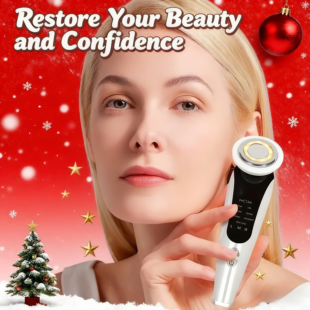4-in-1 Facial And Neck Massager with LED Relax & Vibration - USB-Powered Light Beige Tightening, for Home/Travel - Ideal Gift for & Relaxation, Ergonomic Handle, Highquality Device, Skincare Enthusiasts, Portable Design, Durable