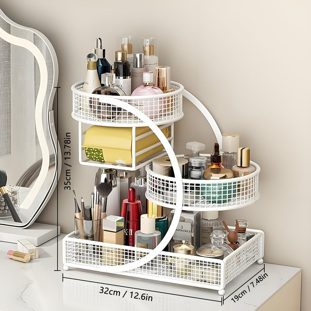 3-Tier Metal Cosmetic Organizer with Tissue Box Holder No-Installation Countertop Storage Rack for Bathroom Dresser Vanity Makeup Skincare Black White