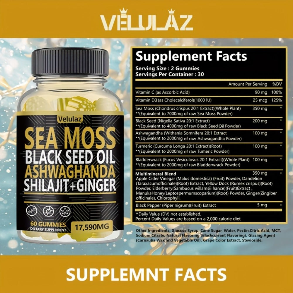 Sea Moss Gummies 10-in-1 Superfood Blend 60 Count - Black Seed Oil Ashwagandha Shilajit Elderberry Turmeric Bladderwrack Ginger Chlorophyll 17590mg - Daily Wellness Supplement