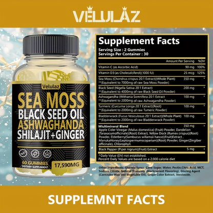 Sea Moss Gummies 10-in-1 Superfood Blend 60 Count - Black Seed Oil Ashwagandha Shilajit Elderberry Turmeric Bladderwrack Ginger Chlorophyll 17590mg - Daily Wellness Supplement