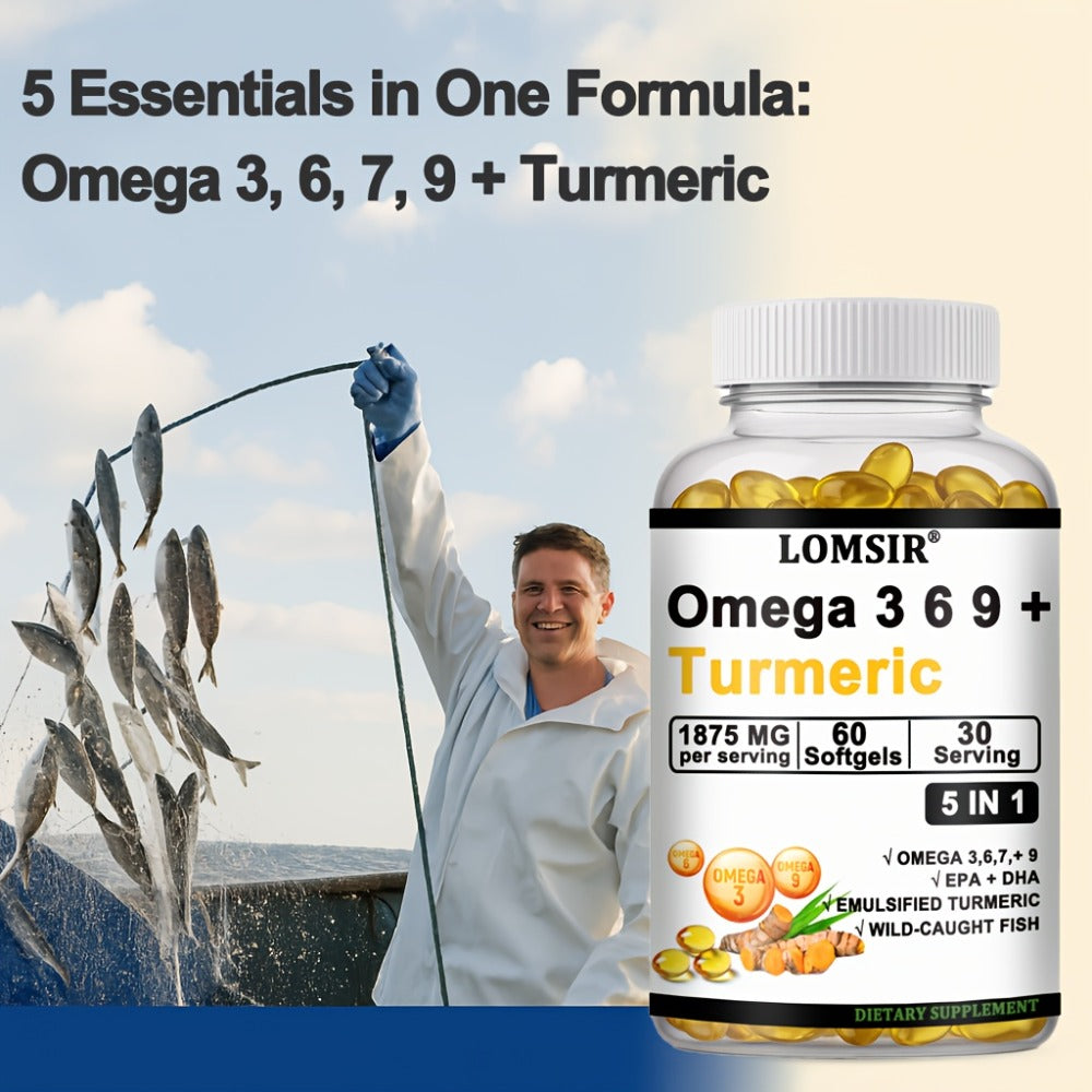 LOMSIR Omega 3-6-9 + Turmeric Softgels (DHA & EPA) - Wild Fish Oil Blend, Emulsified Turmeric, 60 Softgels, Daily Balance, Easy-to-Take