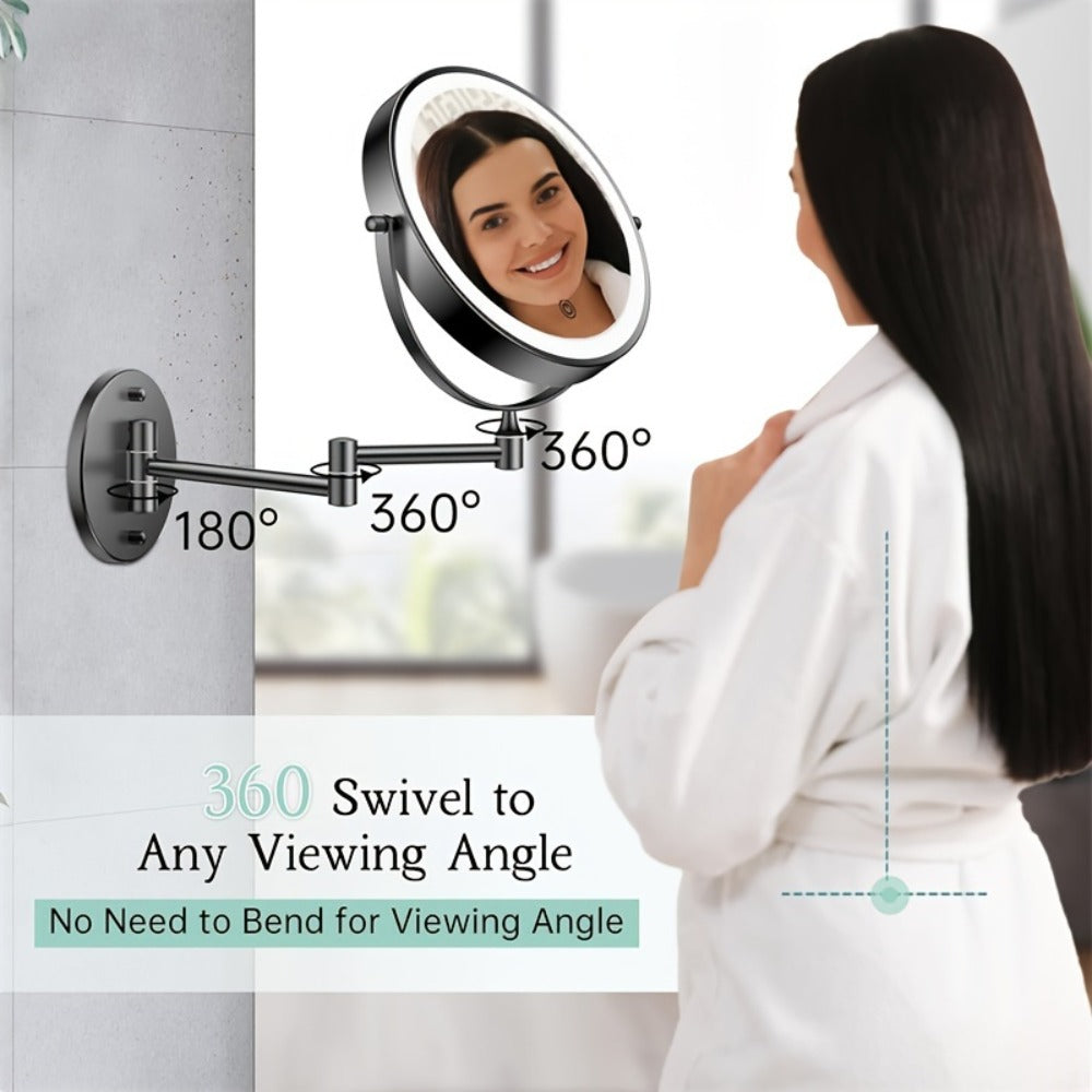 Wall Mounted Lighted Makeup Mirror 10X Magnification, 8 Inch LED Vanity Mirror 1X/10X Double Sided, 3 Color Lights Touch Dimmer 360° Swivel Rechargeable — Black Silver Gold