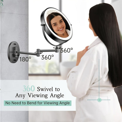 Wall Mounted Lighted Makeup Mirror 10X Magnification, 8 Inch LED Vanity Mirror 1X/10X Double Sided, 3 Color Lights Touch Dimmer 360° Swivel Rechargeable — Black Silver Gold