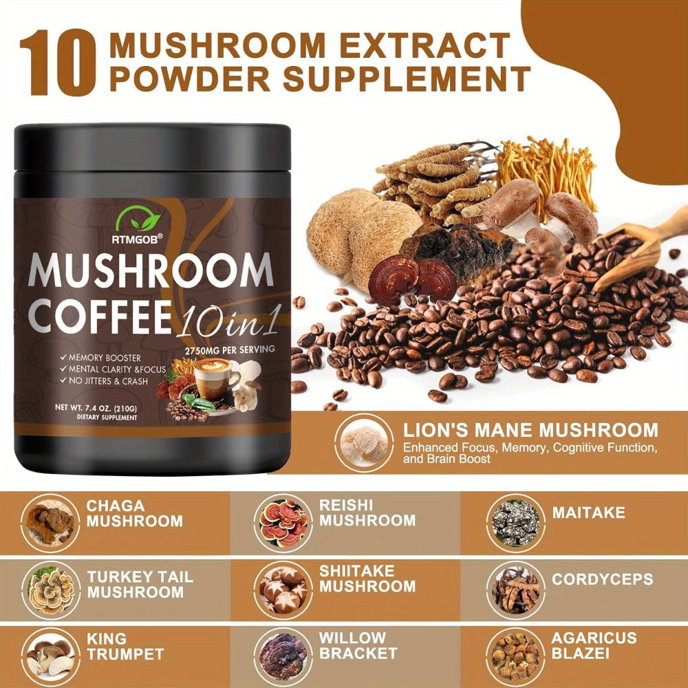Mushroom Coffee Blend Powder Mushroom Coffee - Instant Coffee Blend of Ganoderma Lucidum, Cordyceps Sinensis, Lion'S Mane Mushroom, Birch Brown Pore Mushroom, And Chanterelle Mushroom - Mushroom Coffee Powder, Ideal for Gift Giving