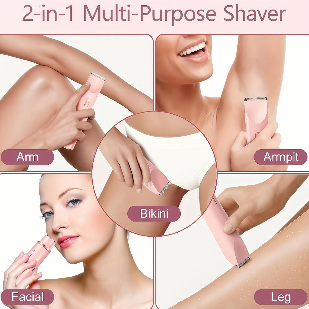 2in 1 Pink Dual Head Bikini Trimmer Women Electric Shaver, IPX7 Waterproof Wet & Dry Use Body Hair Trimmer and Facial Hair Remover for Bikini Underarm Leg Arm Body Face