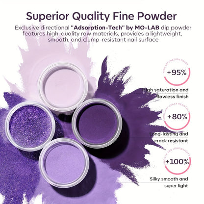 Dip Powder Nail Kit 4 Colors Lilac Lavender Purple Glitter - Base Coat Top Coat & Activator Included - French Nail Art All-in-One Beginner Manicure Set for Home & Salon