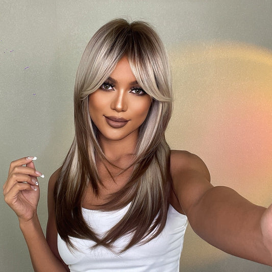 22 Inch Wig Mechanism Head Covers Women's Bangs Straight Hair Picking Brown Matte High Temperature Silk Rose Mesh Cap