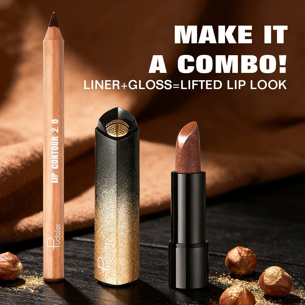 Luxury Golden Lipstick Set with Lip Liner Pencil — Brown Shimmer & Nude Lip Liner, Viral Fall Makeup Kit 2pcs Press Gold Lip Color
