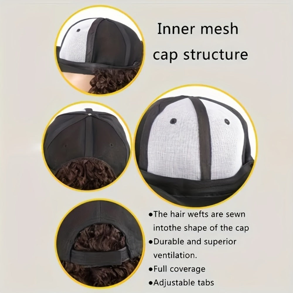 Baseball Cap Wig Afro Kinky Curly Long Synthetic - Adjustable Elastic Net Cap Hat and Wig Combo for Women 18 Inch Multi-Color