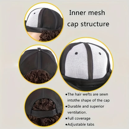 Baseball Cap Wig Afro Kinky Curly Long Synthetic - Adjustable Elastic Net Cap Hat and Wig Combo for Women 18 Inch Multi-Color