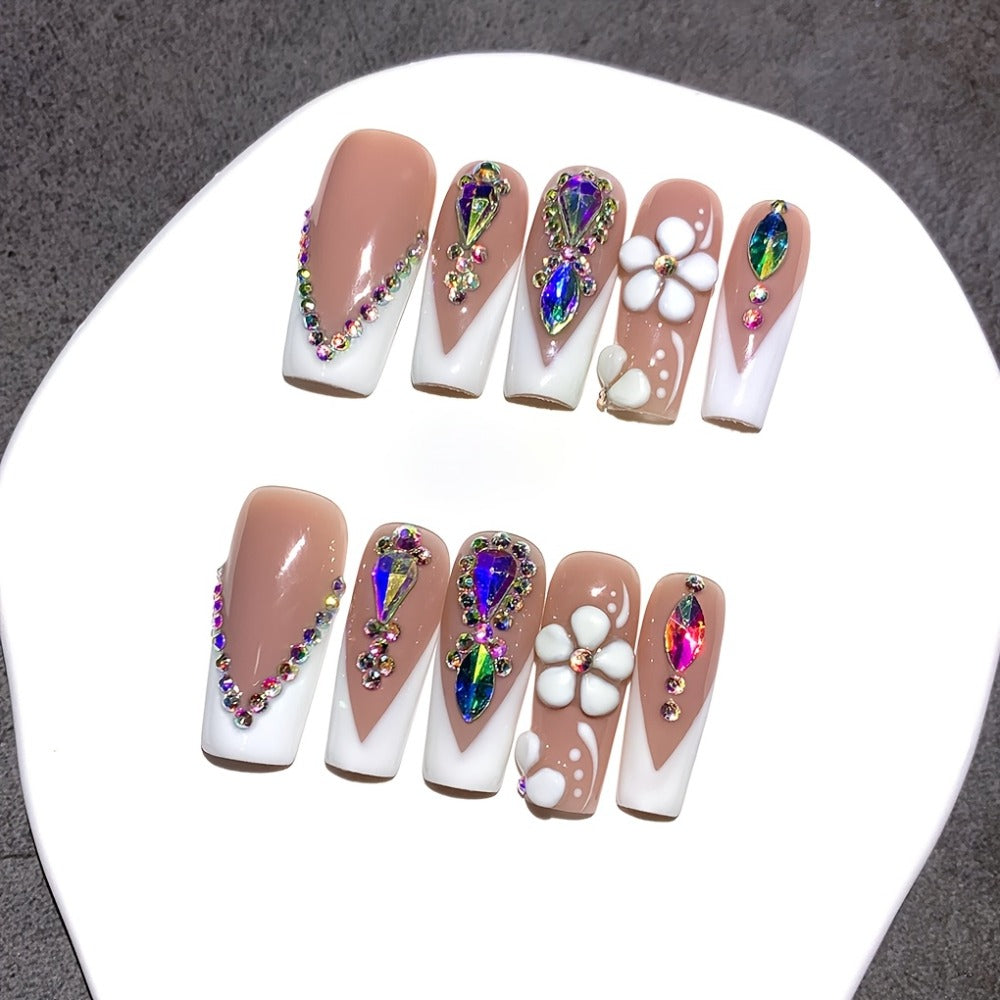 10pcs Luxury Press-On Nails Set, 1.18inch Square French Tip with AB Rhinestones And Handcrafted Floral Design, Glossy End, Nude And White, Perfect for Weddings, Parties, Valentine'S Day, Birthdays, Christmas Gifts