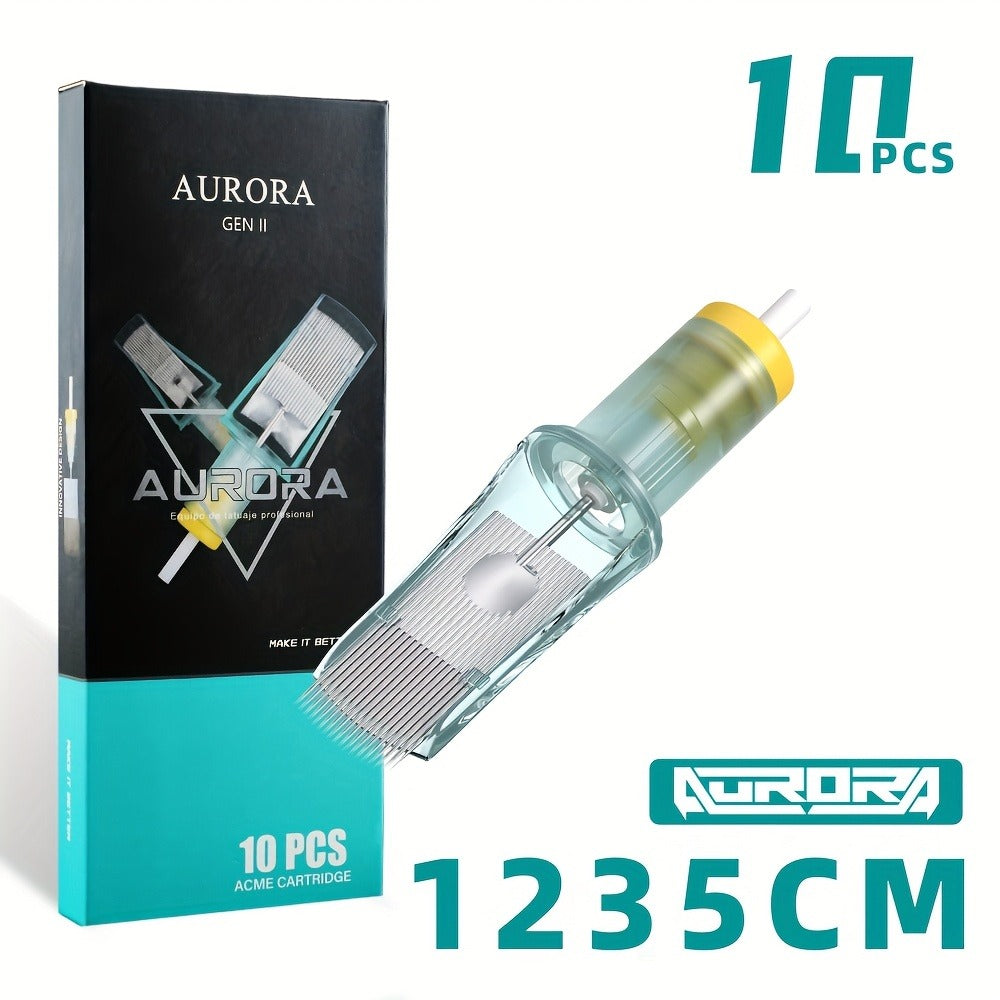 Aurora II 10-Pack Tattoo Cartridge Needles, Strong Stainless Steel, Large Ink Capacity, Low Ink Splatter, Transparent Design for Artists And Beginners, Unscented