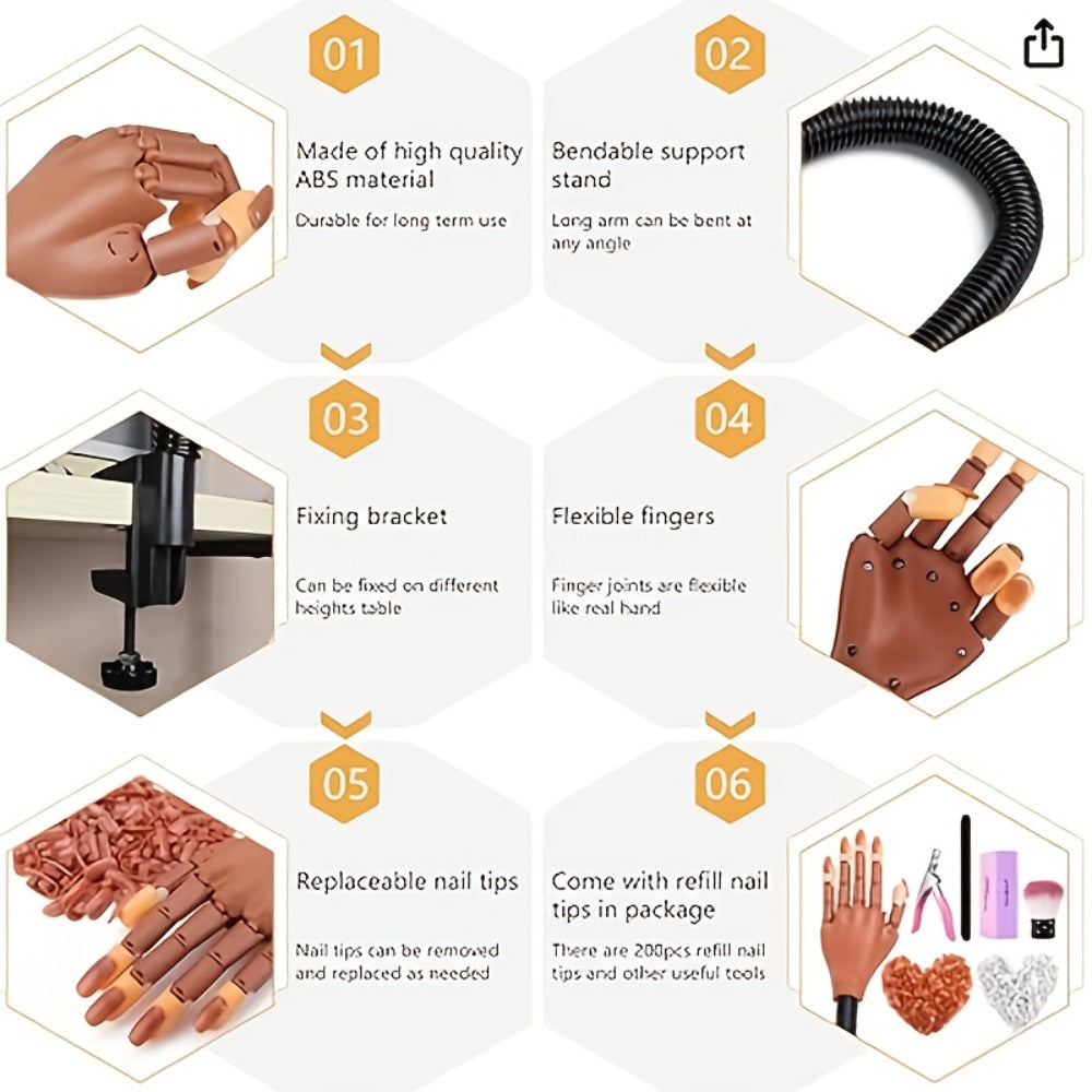 Premium Advanced Set, Practice Hand for Acrylic Nails, Flexible Nail Practice Hand Kit with 200pcs Replacement Nail Pads, Nail Clippers, Nail Brushing, Nail Files, Professional Manicure Training Tools for Beginners & Nail Salons
