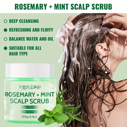 Scalp Scrub with Massage Brush — Rosemary & Mint Deep Cleansing Hair Scrub, 250g, Removes Buildup & Purifies Scalp for All Hair Types Including Oily, Dry & Color-Treated