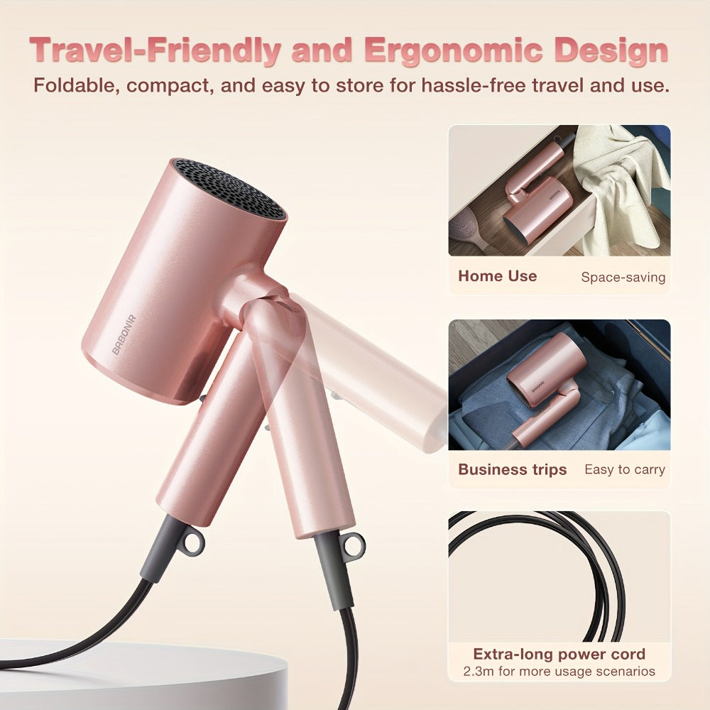 1875W High-Power Pink Travel Hair Dryer, Foldable Design, with Diffuser And Focusing Nozzle, Compact Powerful Ion Hair Dryer, 3-Speed Temperature Control And 2-Speed Wind Speed, Fast Drying Hair