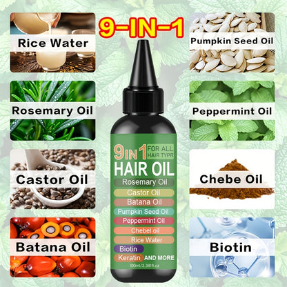Rosemary Hair Oil 9-in-1 100ml — Rice Water, Castor, Batana, Biotin & Keratin Blend, Moisturizing Smoothing Split End Repair Hair Oil for All Hair Types