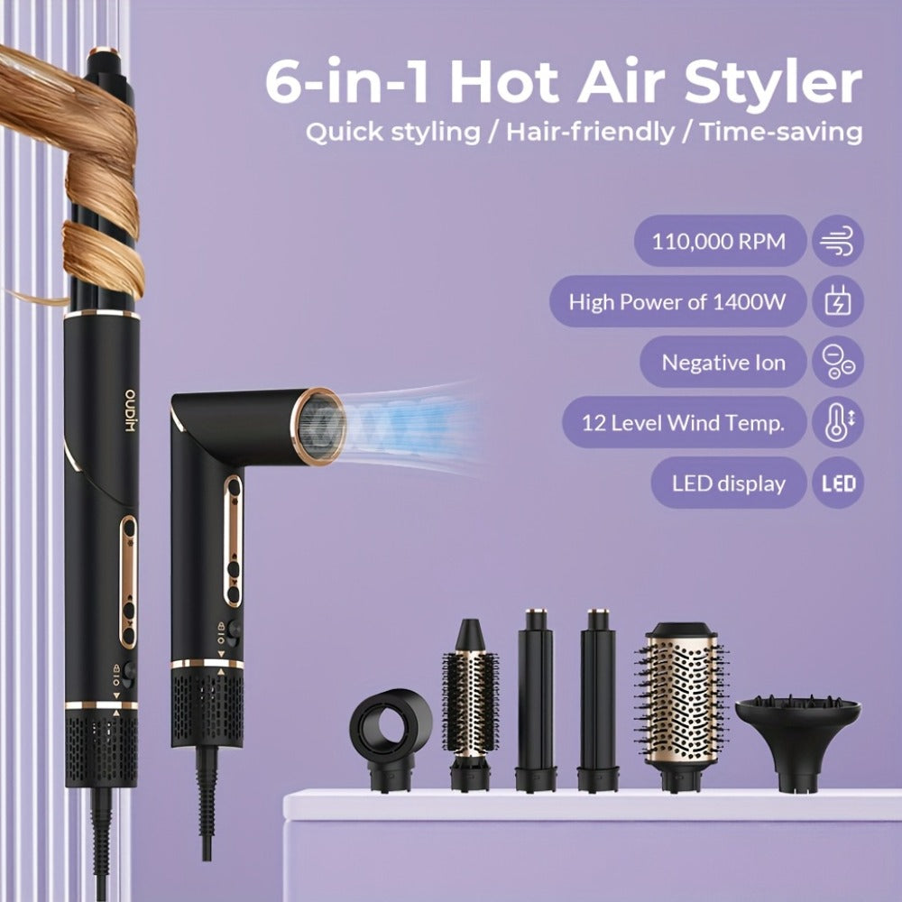 6-IN-1 Multi-Functional Hot Air Comb, Negative Ion Hair Dryer Brush And Styler, 110, 000 RPM High-speed, Frizz-free Hot Air for Rapid Drying, Air Styling Comb, Curling Iron, Straightener, Auto-winding Curling Rod, Foldable Handle, with A Storage Bag
