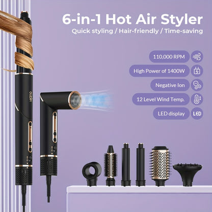 Hot Air Brush 6-in-1 Negative Ion Hair Dryer Bru1sh & Styler — 110,000 RPM High-Speed Blow Dryer Brush with Curling Iron, Straightener, Auto-Winding Curler & Foldable Handle