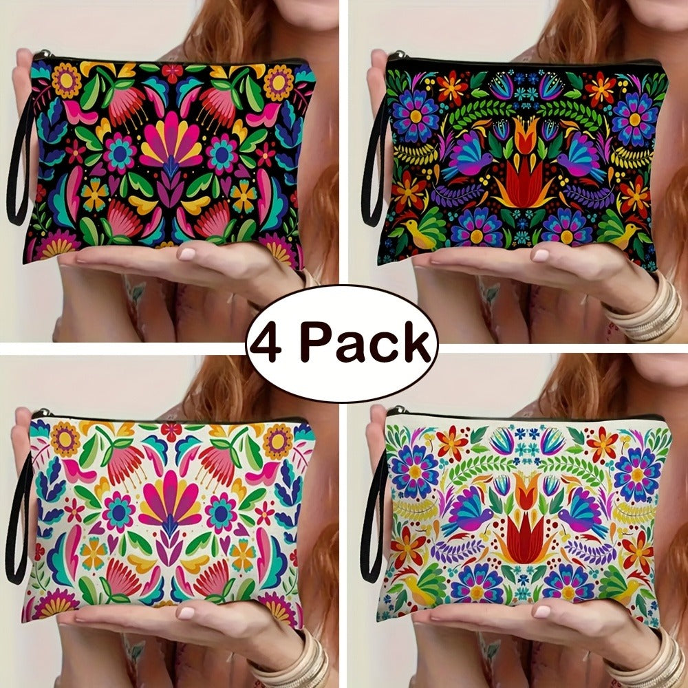4pcs Vibrant Mexican Botanical Floral Makeup Bags for Women & Men - Large Capacity High Quality Cosmetic Organizers with Durable Zipper, Travel Toiletry Pouches for Vacation, Business, Outdoor - Perfect Birthday & Mother’s Day Gifts