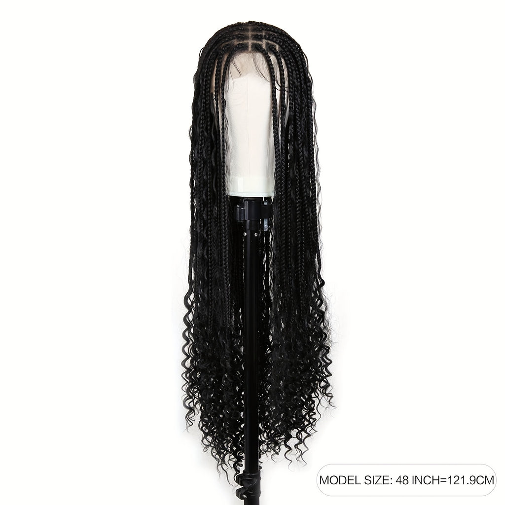 Braided Wigs For Women Box Braids With Boho Curls Wig Bohemian Braided Lace Front Wigs Halloween Wig Cosplay Wig For Halloween Party Full Double Lace Braid Wigs 48" Black Full Lace Hair Wigs