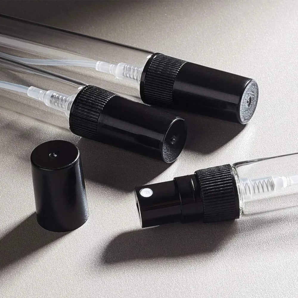 Mini Glass Spray Bottles 5ml 50 Pack Fine Mist Atomiser Empty Refillable Travel Perfume Bottles Black for Perfume Cologne Essential Oil Cosmetics Toiletries