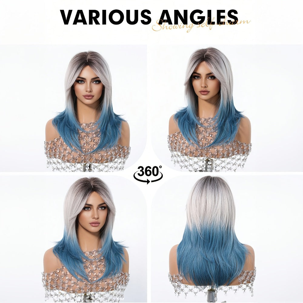 Blue Wig with Bangs for Women — 22 Inch Gradient Ombre Layered Synthetic Wig, Heat Resistant with Rose Hair Net, for Cosplay Halloween Party Festival Wedding Daily Wear