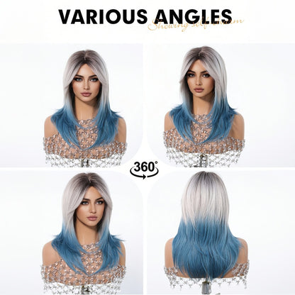 Blue Wig with Bangs for Women — 22 Inch Gradient Ombre Layered Synthetic Wig, Heat Resistant with Rose Hair Net, for Cosplay Halloween Party Festival Wedding Daily Wear